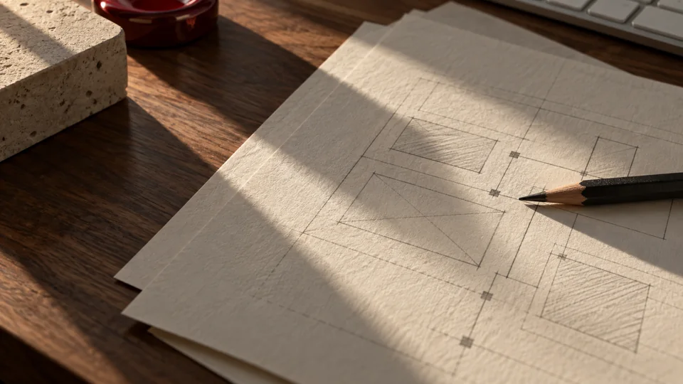 Conceptual workbench with paper sketches and a pencil