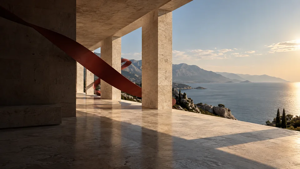 Conceptual limestone pavilion opening onto the horizon