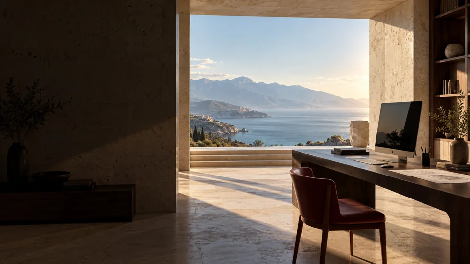 Conceptual software studio overlooking the coast